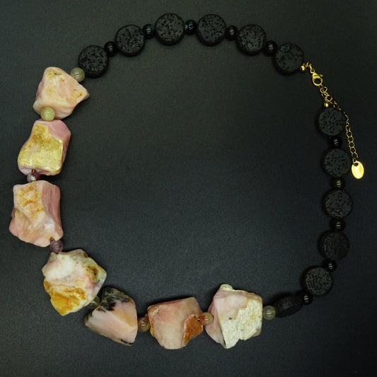 Rose Magma Lava & Pink Opal Gemstone Necklace