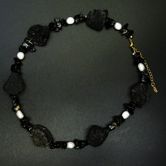 Black Terra Meteorite Gemstone & Pearl Necklace