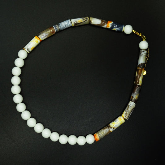 Sandstone Axis Agate Gemstone & Porcelain Bead Necklace