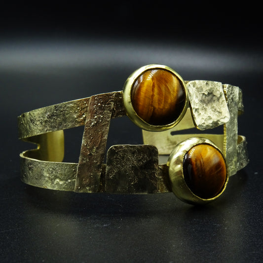 Pyrith Tiger's Eye Gemstone Brass & Silver Cuff